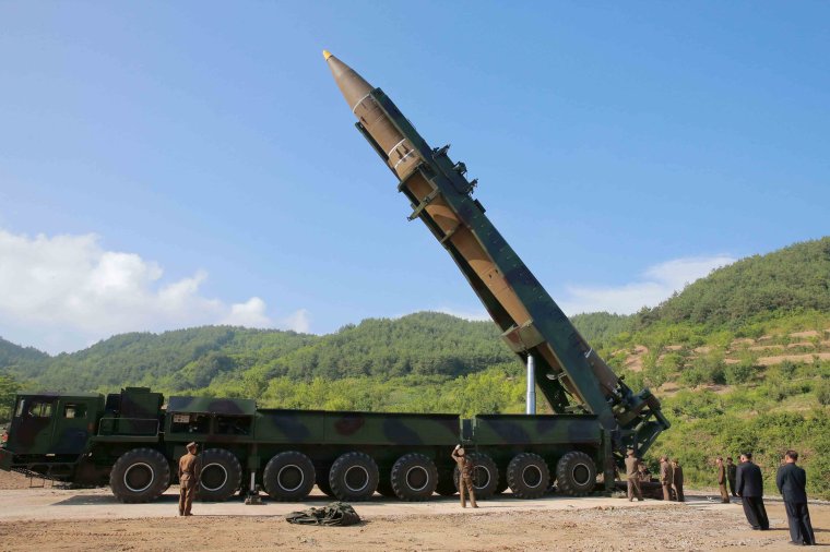 The intercontinental ballistic missile Hwasong-14 is seen in this undated photo released by KCNA in Pyongyang